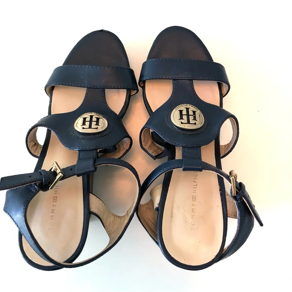 Tommy Hilfiger Navy Blue Platform Wedge Sandals Womens 7 Ankle Strap Preppy
